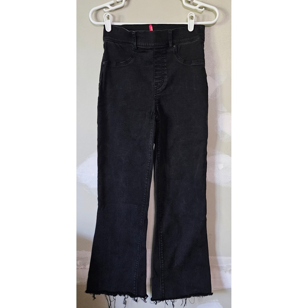 Spanx Black Cropped Flare Jean-ish Leggings Raw Hem Pull On Pants Small S/P
